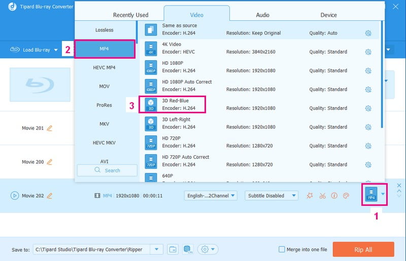 Selecione um formato de vídeo que suporte resolução 3D 2D