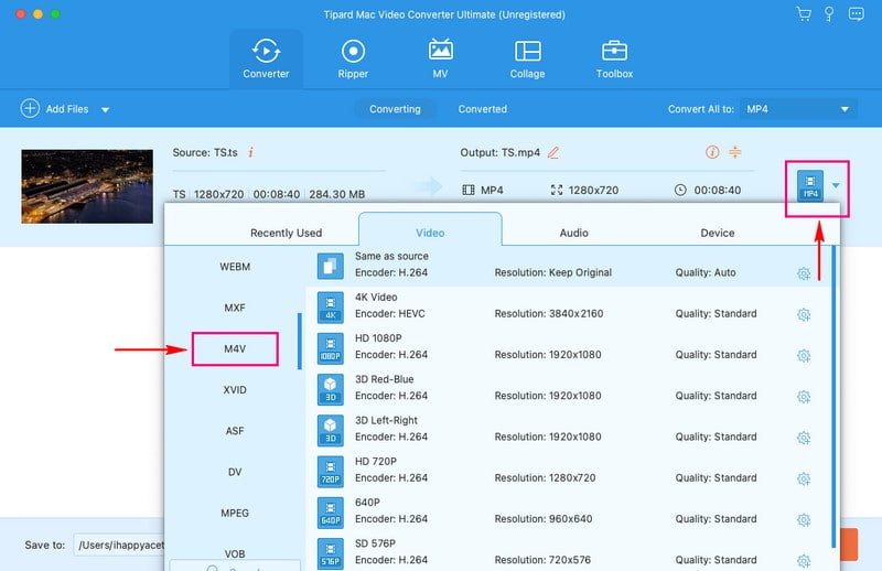 Selecione M4V na seleção de formato de vídeo