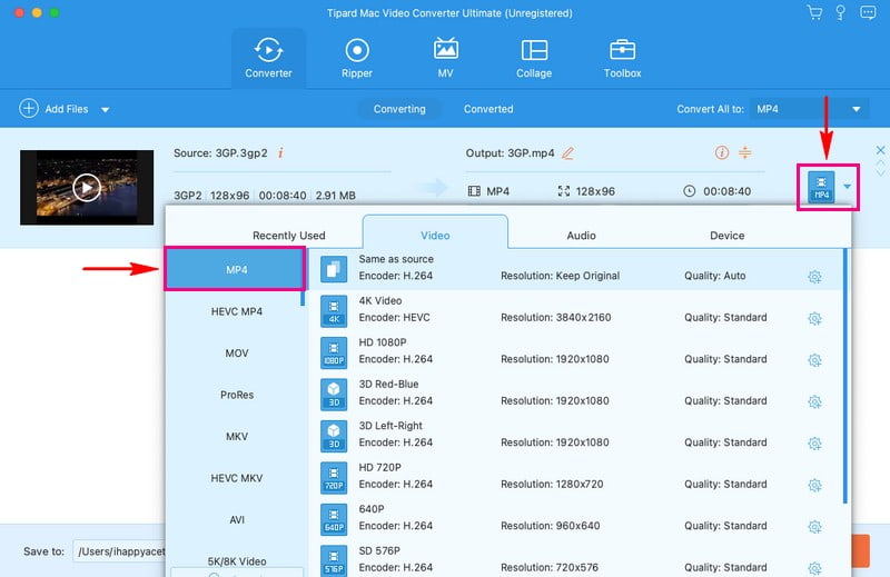 Sélectionnez MP4 dans la liste sous l'option vidéo