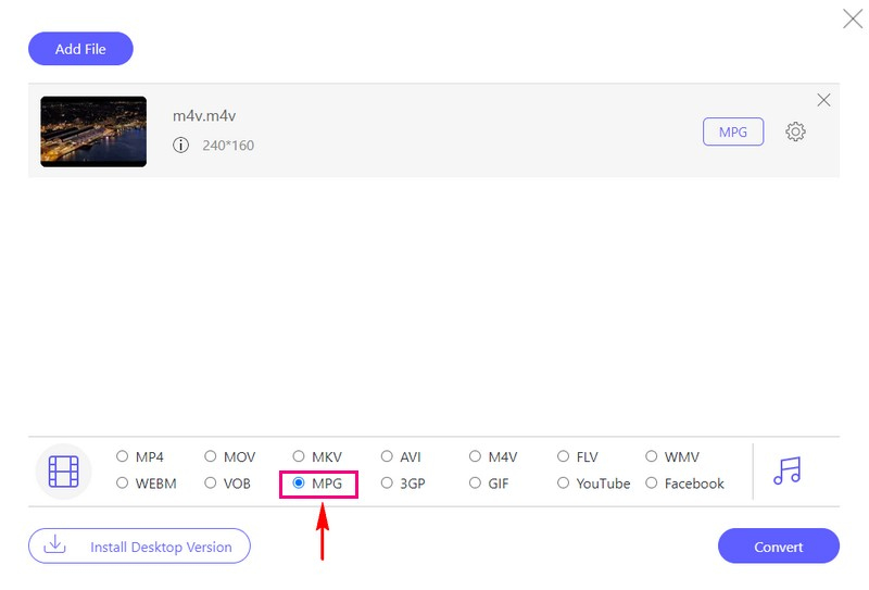 Seleziona MPG come formato di output