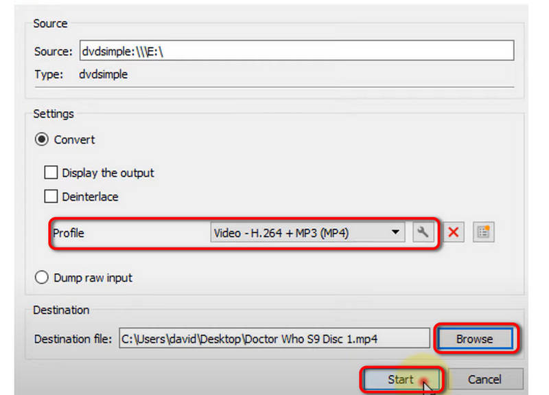 בחר Codec ו-Destination VLC