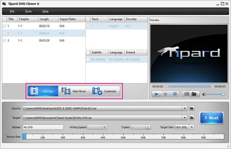 Choose Full Copy Main Movie Customize Mode