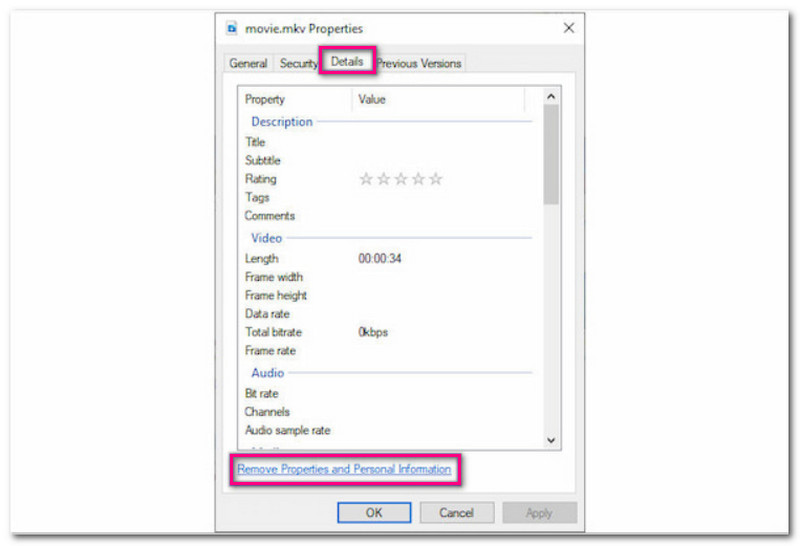 Windows File Explorer Fjern metadata fra video- og lydfiler