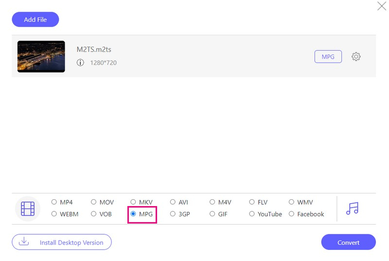 Selecione o formato MPG