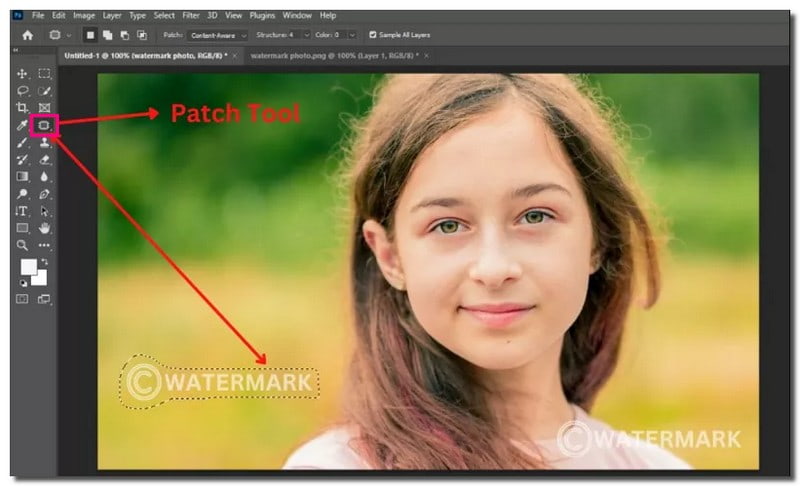 Patch-værktøj til at fjerne vandmærke i Photoshop