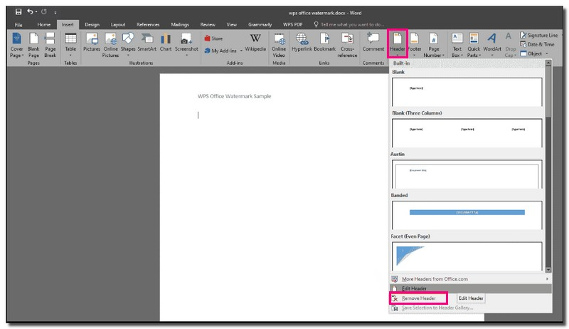 हेडर संपादित करके वर्ड में वॉटरमार्क हटाएं