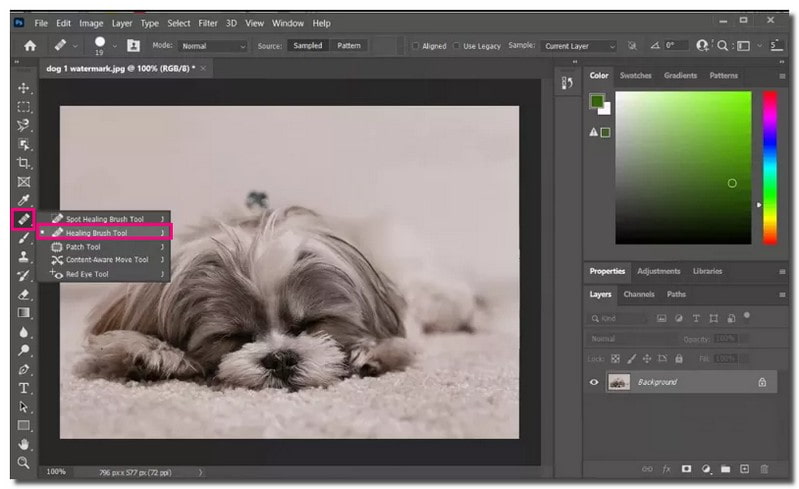 Photoshop で透かしを削除するスポット修復ブラシ