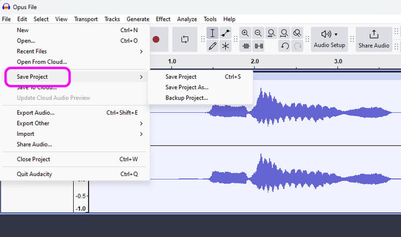 Datei speichern unter Option Audacity