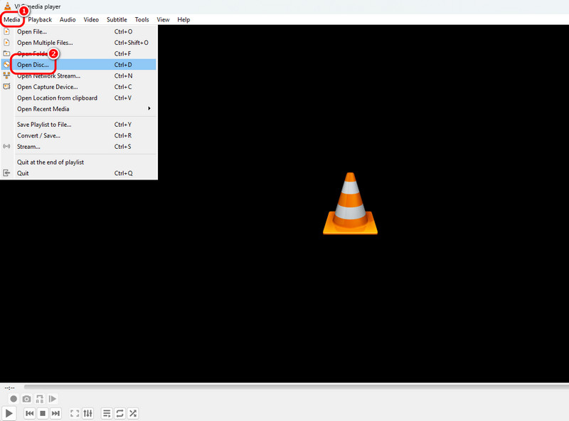 Sekcja multimediów Otwórz dysk VLC