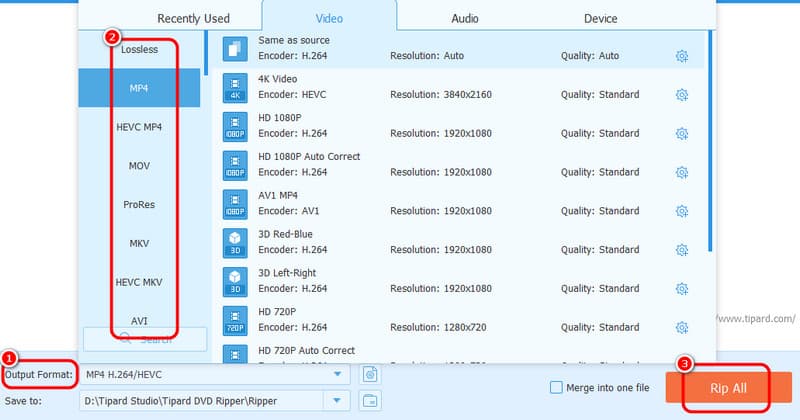 Formatos de salida Rip All Avaide