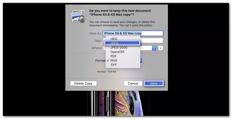 Aperçu de la conversion de Png en Jpg sur Mac