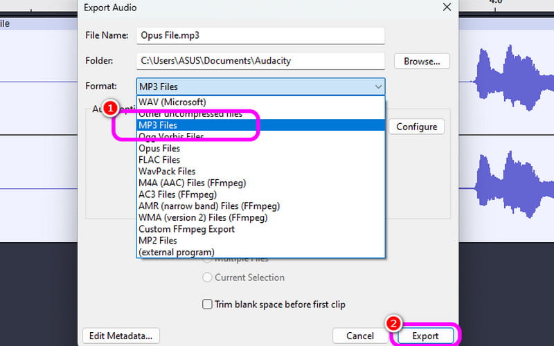 Wählen Sie MP3-Export Audacity