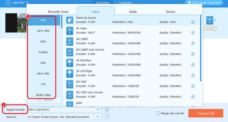 Seleziona il formato di output Avaide