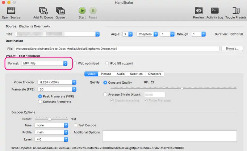 Format Select MP4 Handbrake
