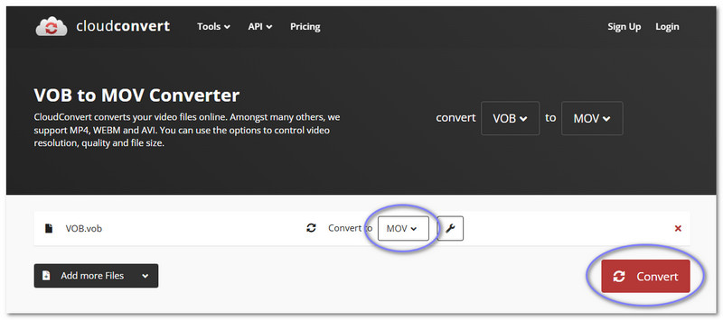 Cloudconvert convertit les fichiers VOB en MOV