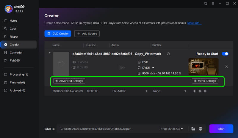 Avanserte menyinnstillinger DVDfab