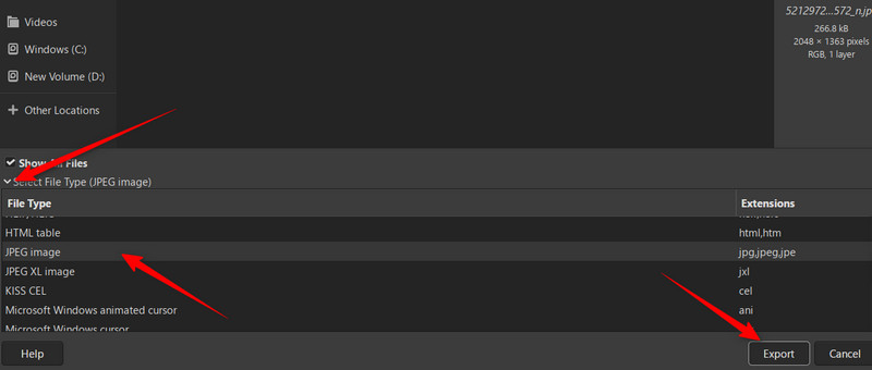 GIMP JPG-eksport