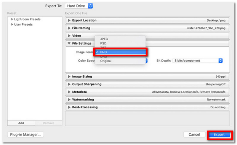 Ekspor PNG Adobe Lightroom