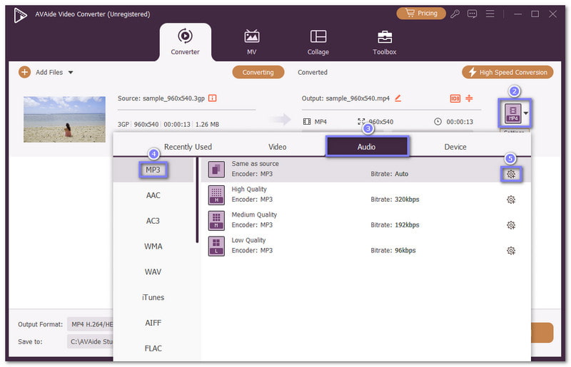 Sélectionnez MP3 et ajustez les paramètres audio