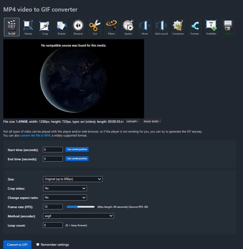 แปลงวิดีโอ Ezgif เป็น GIF