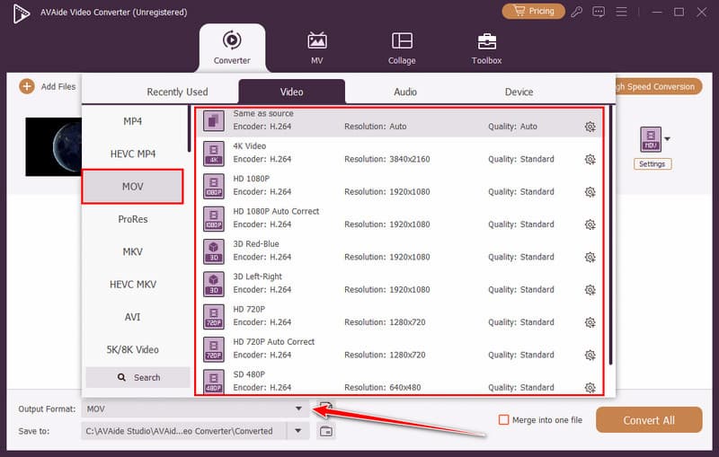 Wybierz wyjście Mov