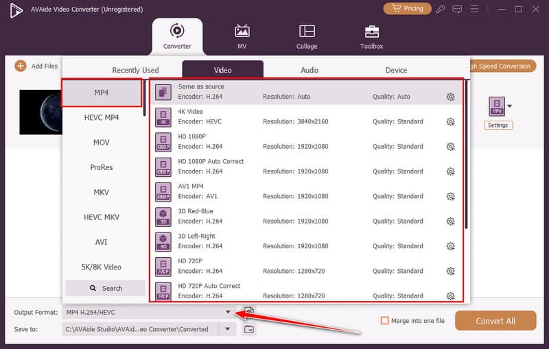 एमपी4 आउटपुट चुनें