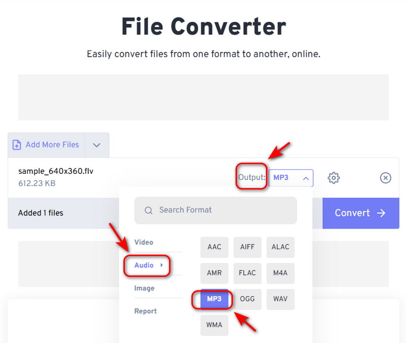 คลิกที่ปุ่มเอาต์พุตเพื่อเลือกไฟล์ MP3