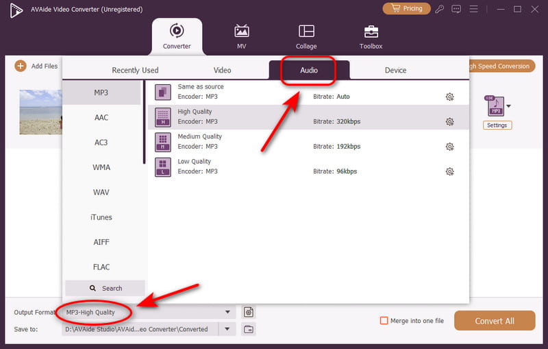 แตะปุ่มรูปแบบเอาต์พุต แล้วเลือกไฟล์เสียง MP3