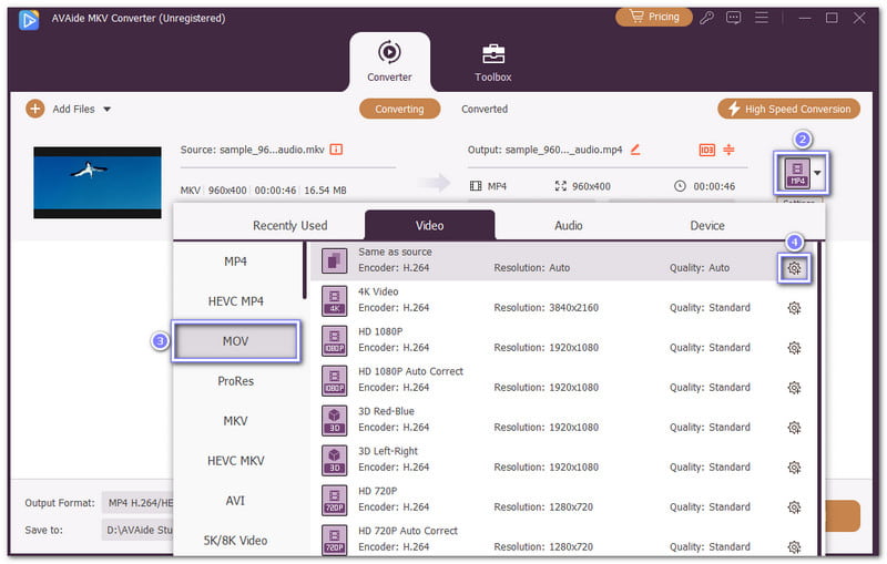 Scegli MOV come formato di output