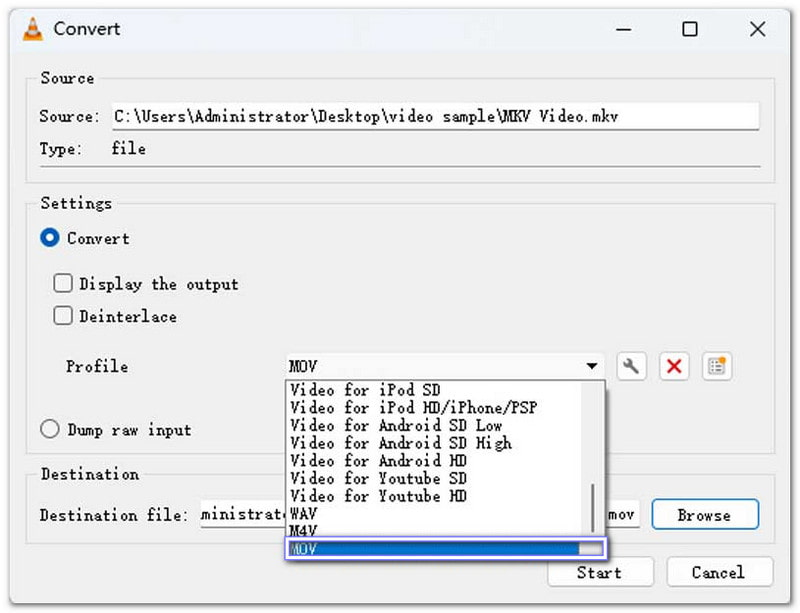 VLC converte MKV in MOV