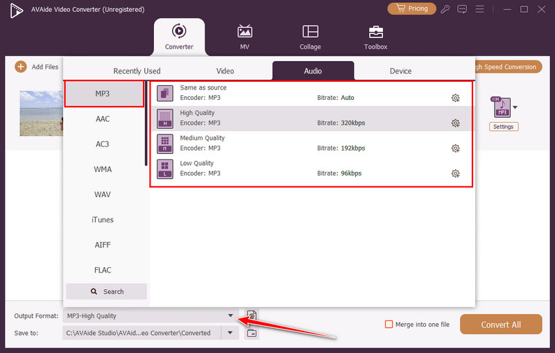 เลือกรูปแบบไฟล์ MP3