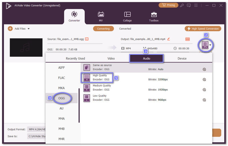 Selecione o formato Ogg