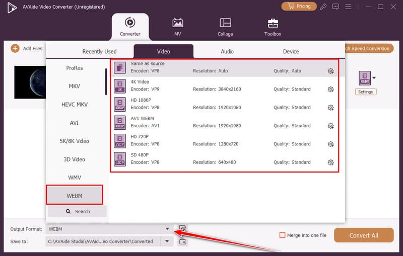 Sélectionner le format Webm