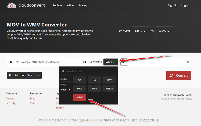 Cloudconvert Mov を Wmv に変換