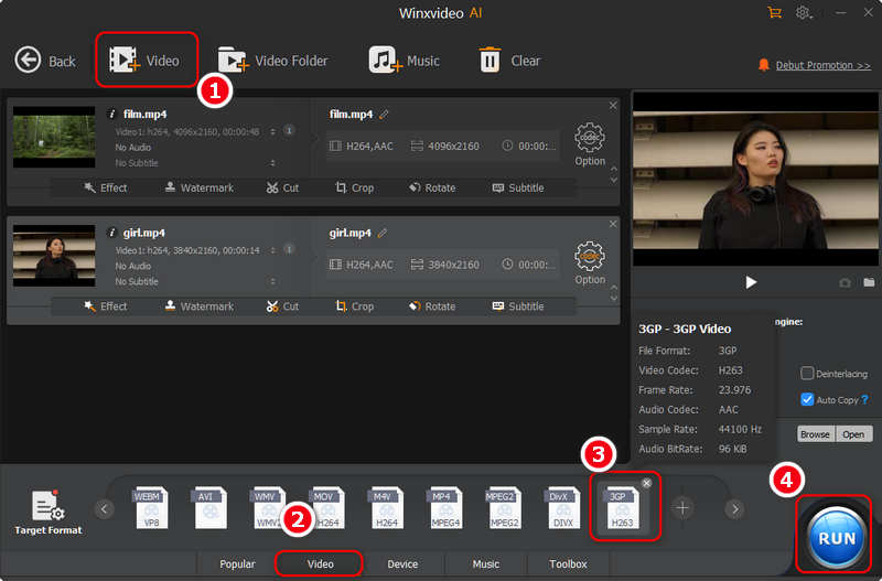 Convert MP4 to 3GP WinXvideo AI