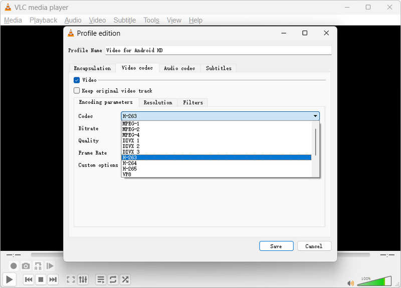 Select a Video Codec in VLC