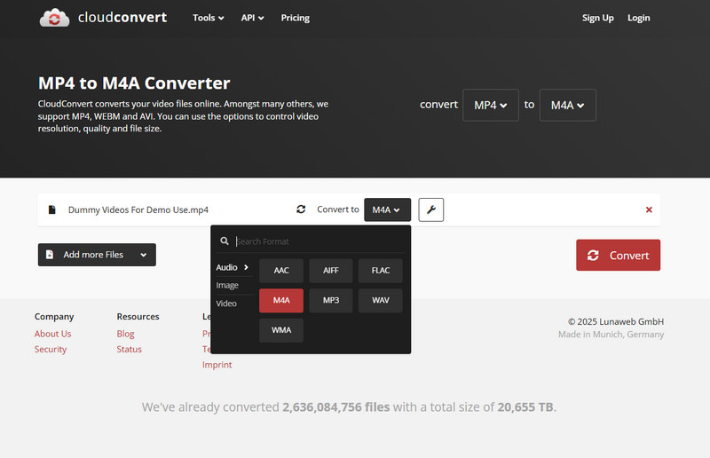 Establecer en M4a Cloudconvert