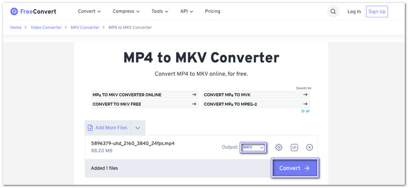 FreeConvert Конвертируйте MP4 в MKV без установки
