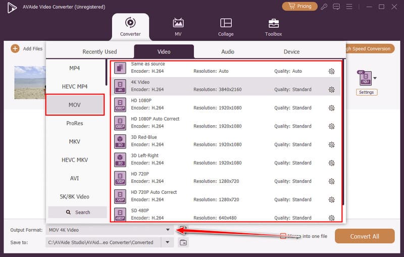 Vælg Mov-outputformat