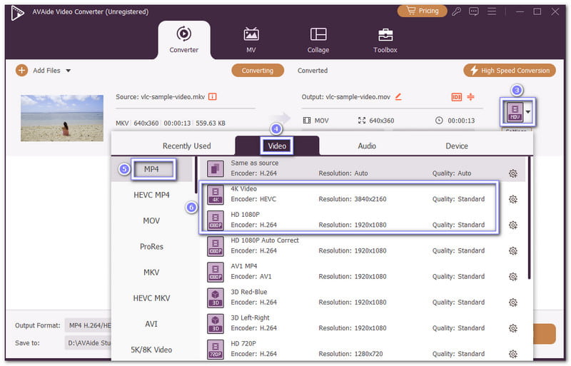 Scegli MP4 come formato di output