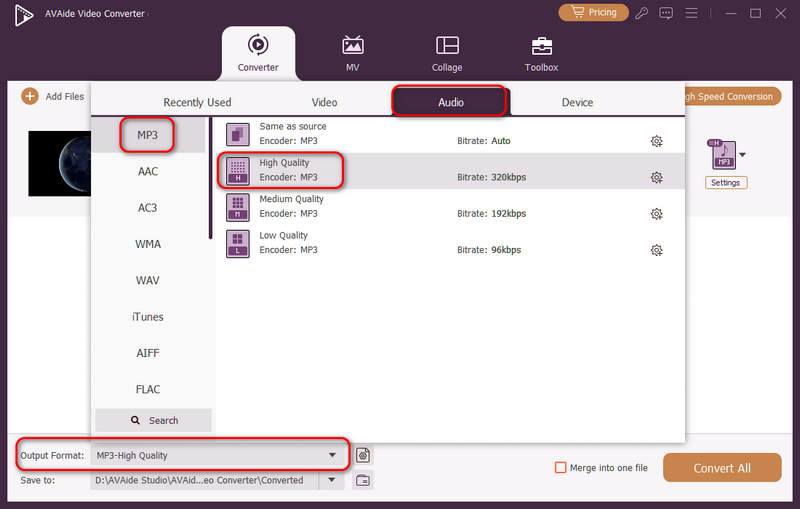 Choose an MP3 preset in AVAide Video Converter