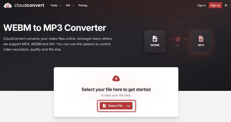 Upload WebM file to CloudConvert