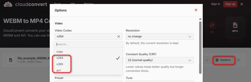 Change Video Codec In Cloudconvert