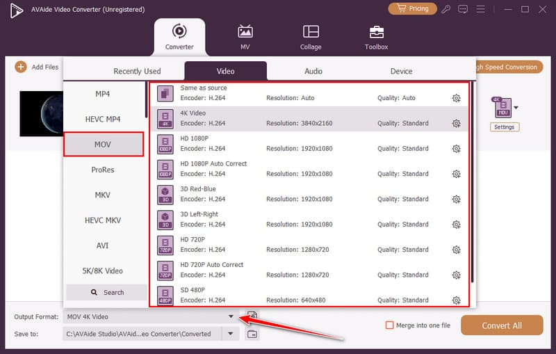 Selectați ieșirea Mov