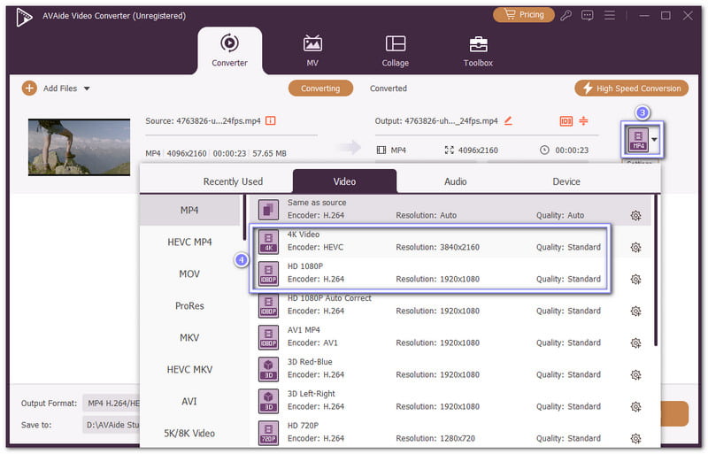 Seleccione la resolución de vídeo y el codificador