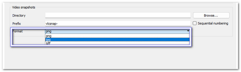Seleccione JPG como formato de instantánea