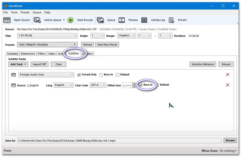 Nhập phụ đề và kiểm tra Burn In