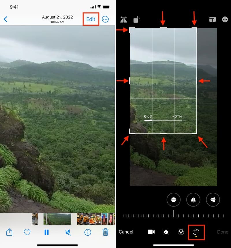 ครอบตัดวิดีโอในแอปรูปภาพของ iPhone