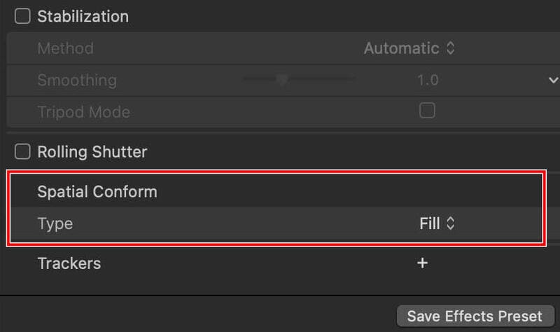 Final Cut Pro Modifier le type de conformité spatiale
