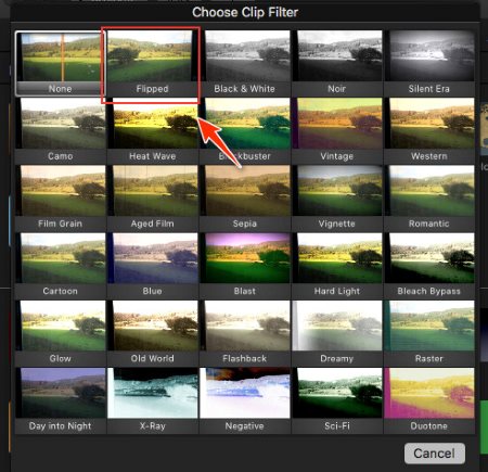 Selecteer het omgekeerde effect in iMovie op de Mac.